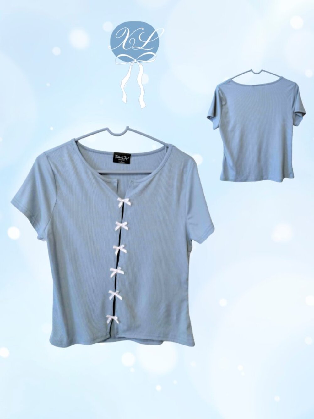 NWOT Coquette Baby Blue Bow Front Ribbed Top XL Soft Girl Balletcore